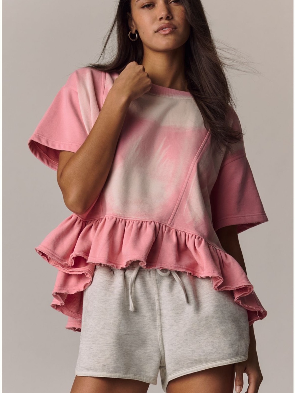Anthropologie Pink Tie-Dye Ruffle Hem Tee